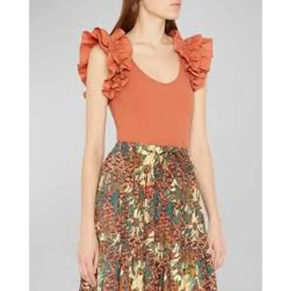 ULLA JOHNSON Koa Ruffle Sleeve Rib Top FEMININE CASUAL Size Small S Terracotta